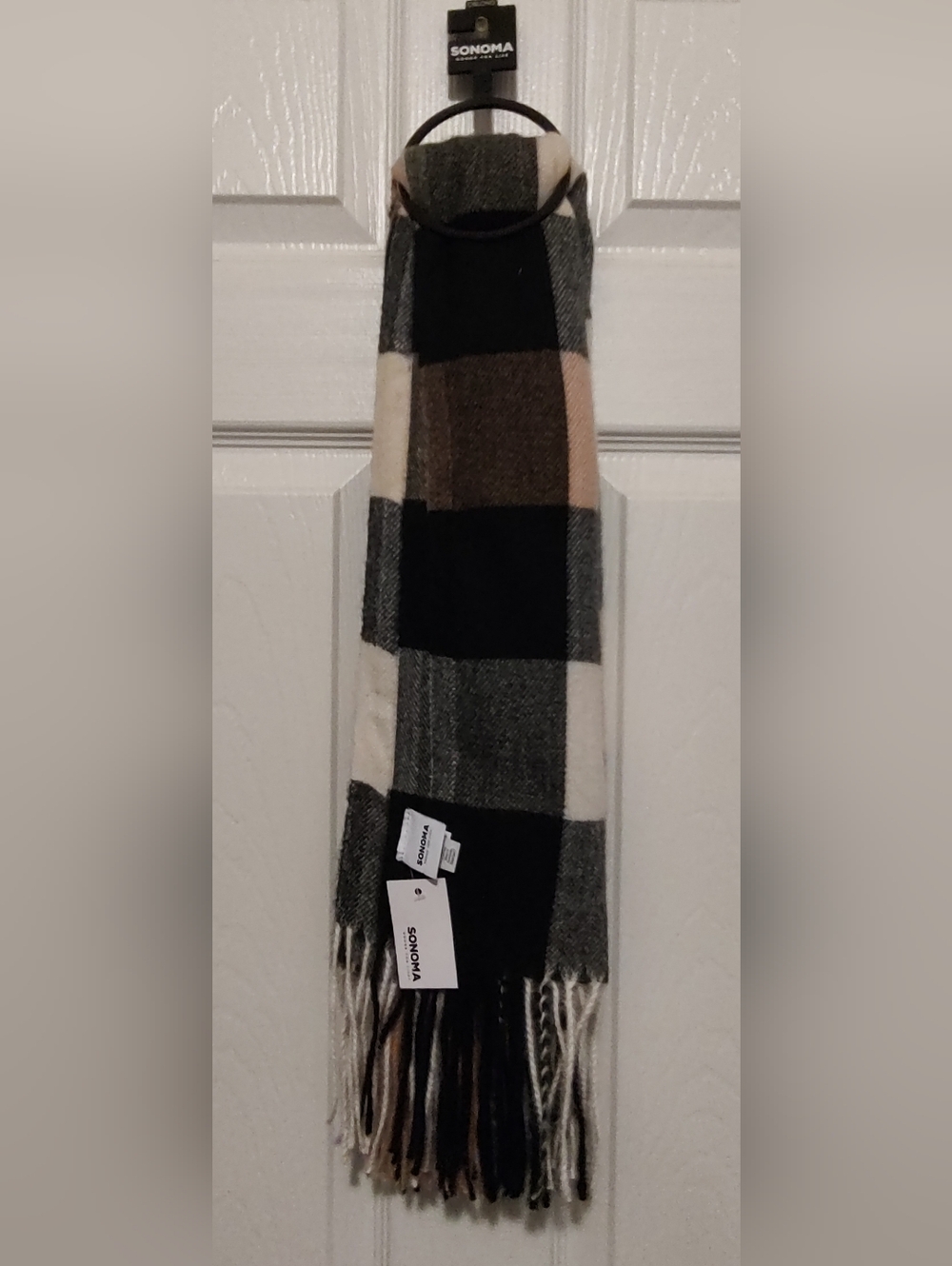 SONOMA Plaid Fringe Scarf in Black, Brown & Cream Tones